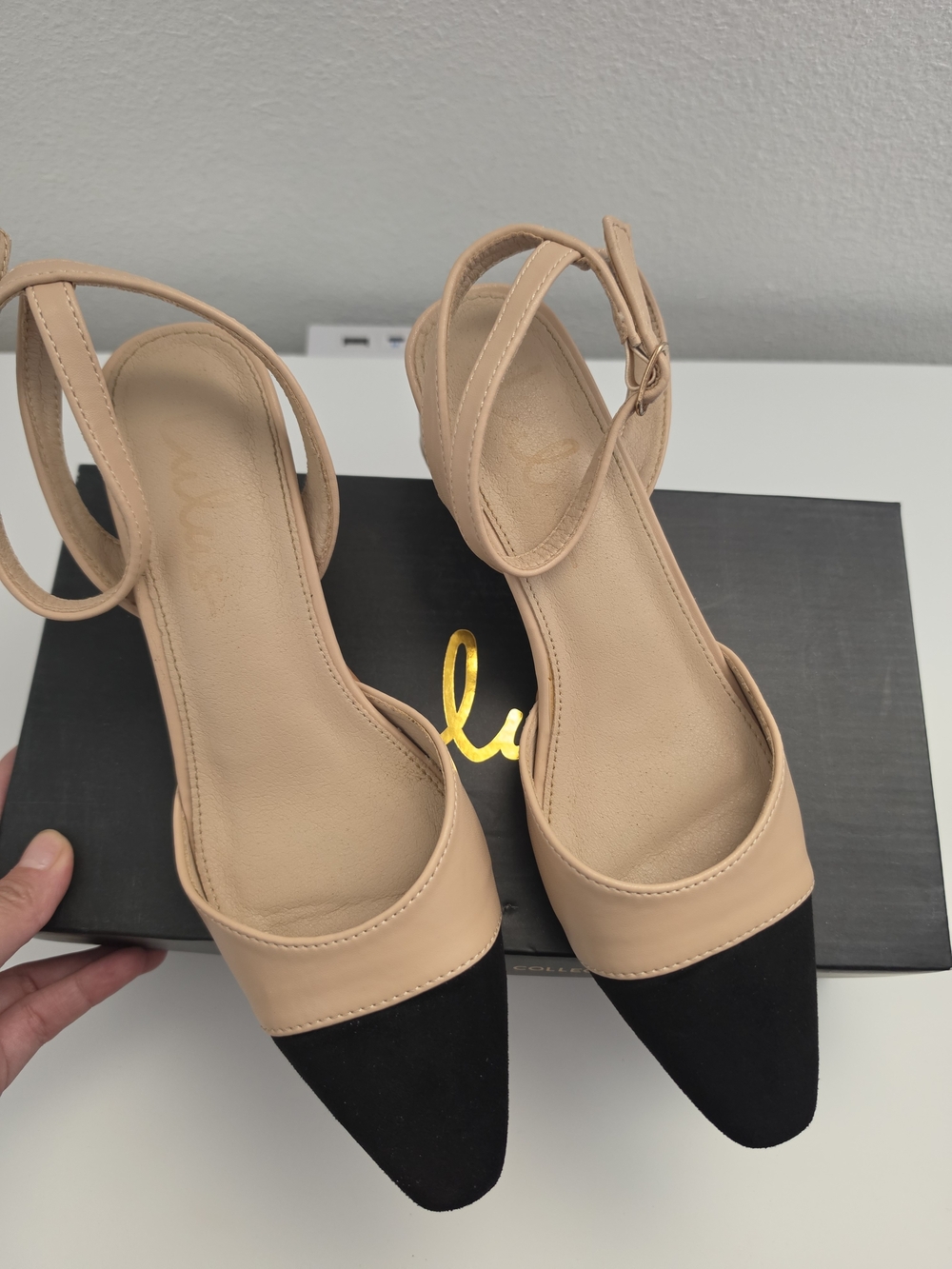 Lulu's Lelaya Two-Tone Pointed Block Heel Sandals in Nude and Black - Picture 3 of 5